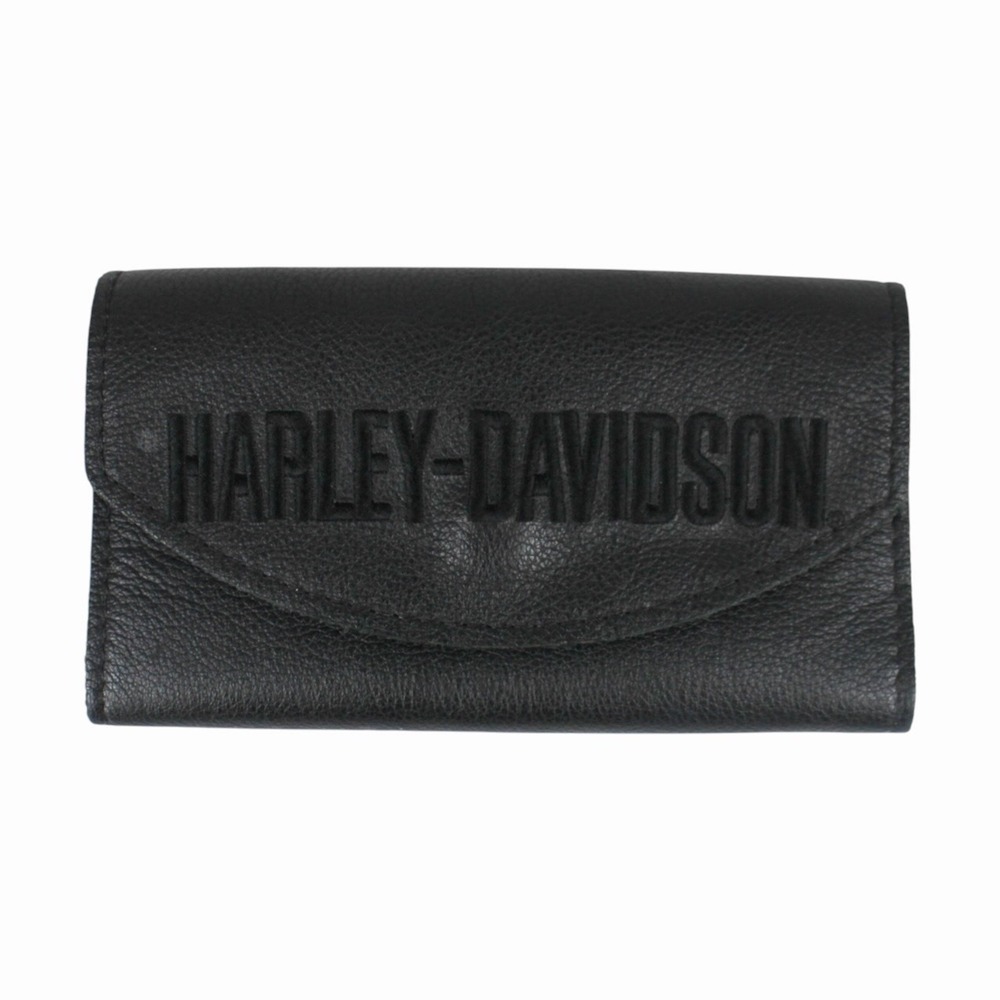 Harley-Davidson Black Genuine Leather Trifold Wallet Snap Closure Embossed Logo